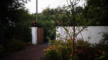 A pathway leading to a gated entrance surrounded by dense foliage and a white wall.
