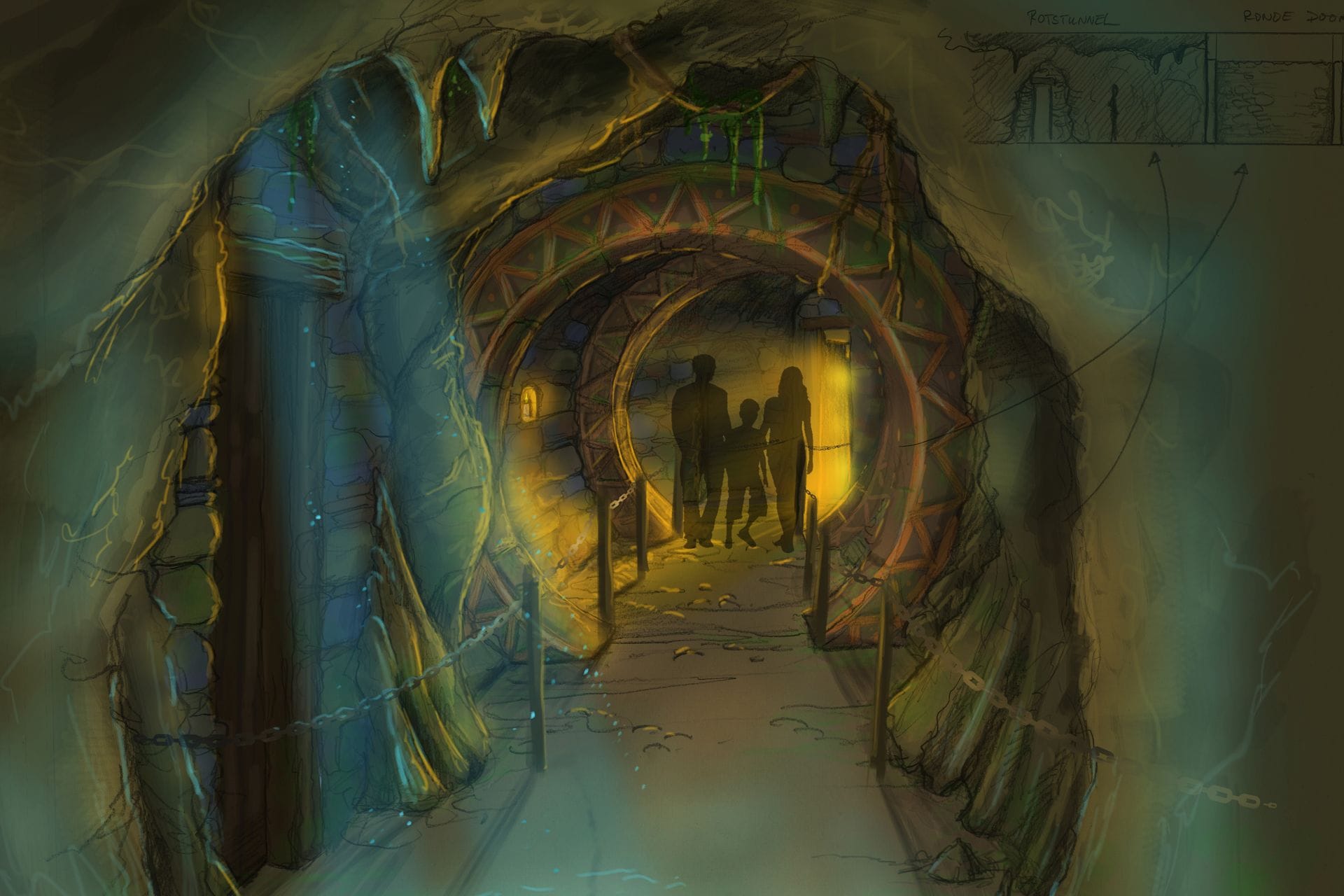 Een tunnel met een ronde boog, een hek en de silhouetten van drie personen.