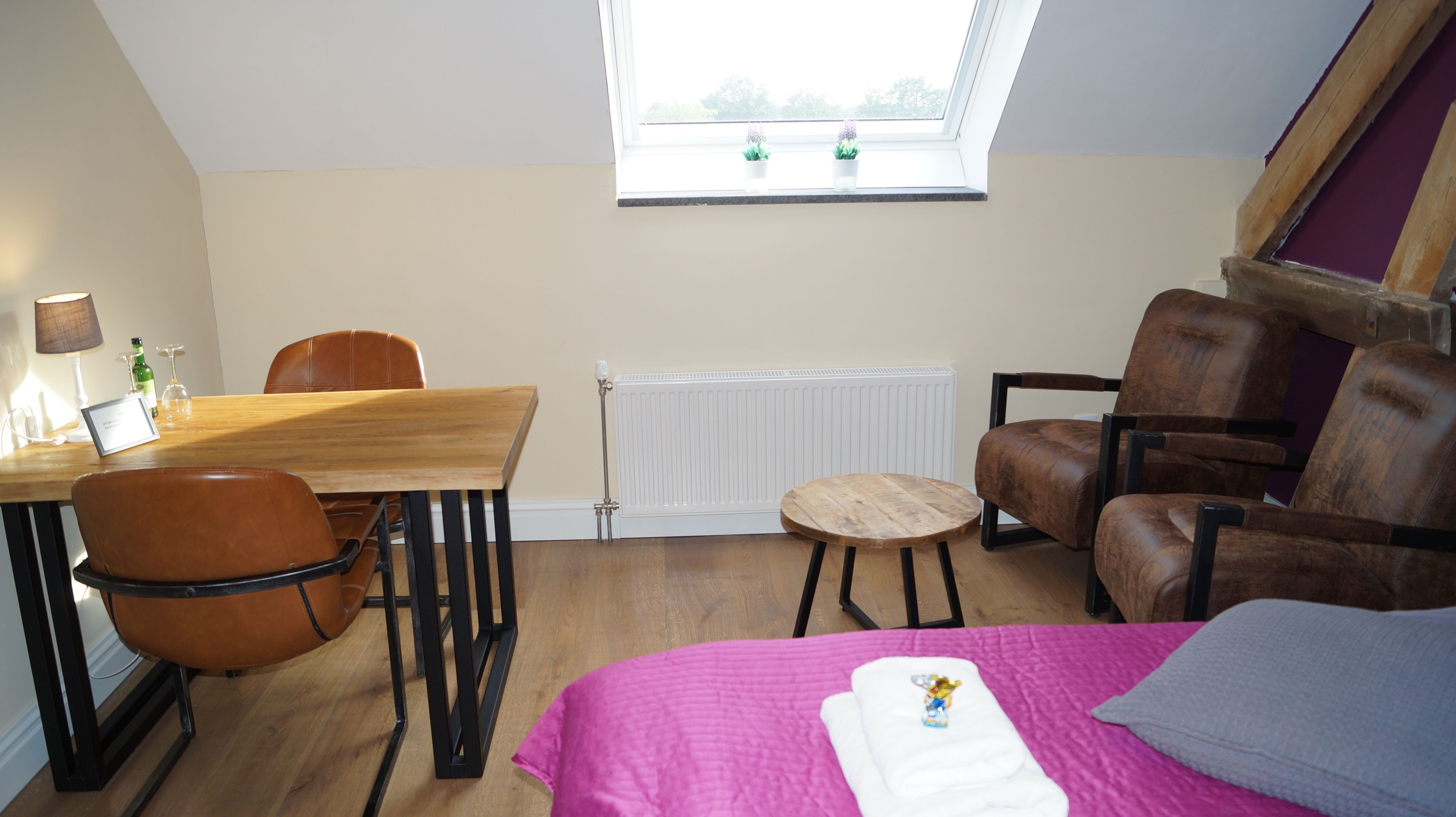 Een kamer met een bed, een houten tafel, twee stoelen, een klein rond tafeltje, een radiator en een raam met planten.