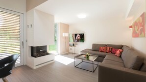 Un salon moderne avec une cheminée, un canapé, une table basse et un téléviseur.