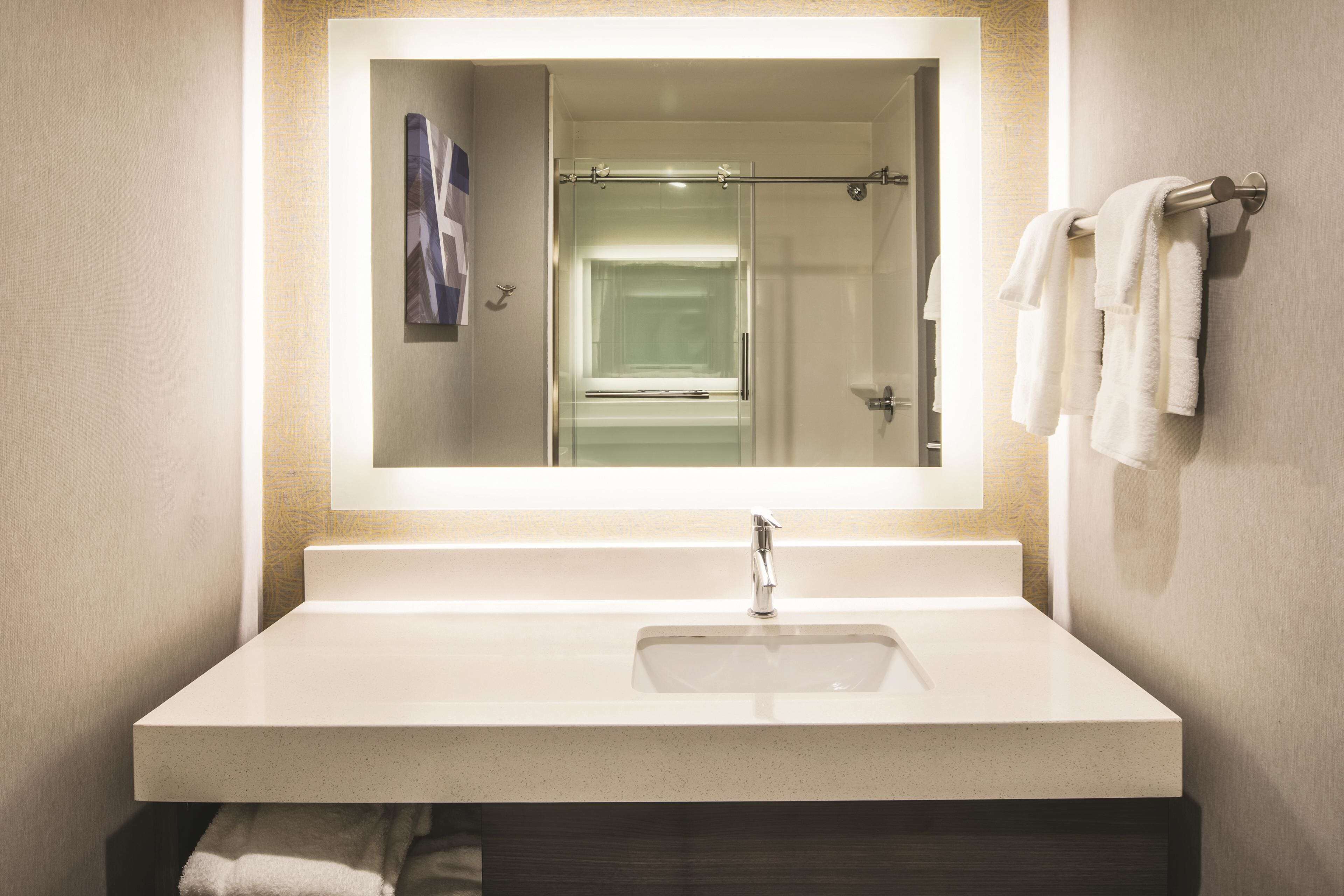 combined shower/bathtub, free toiletries, hair dryer, towels