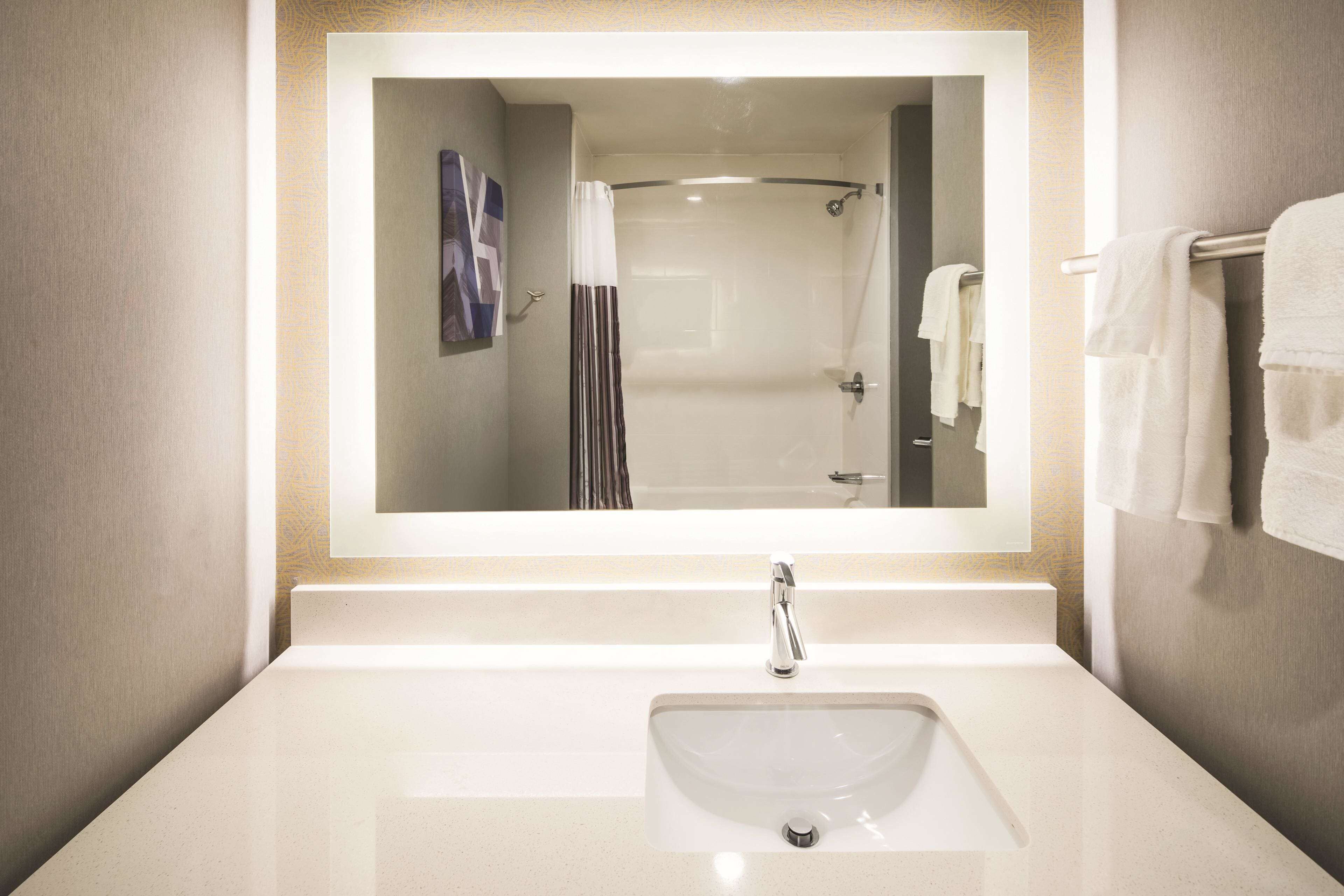 combined shower/bathtub, free toiletries, hair dryer, towels