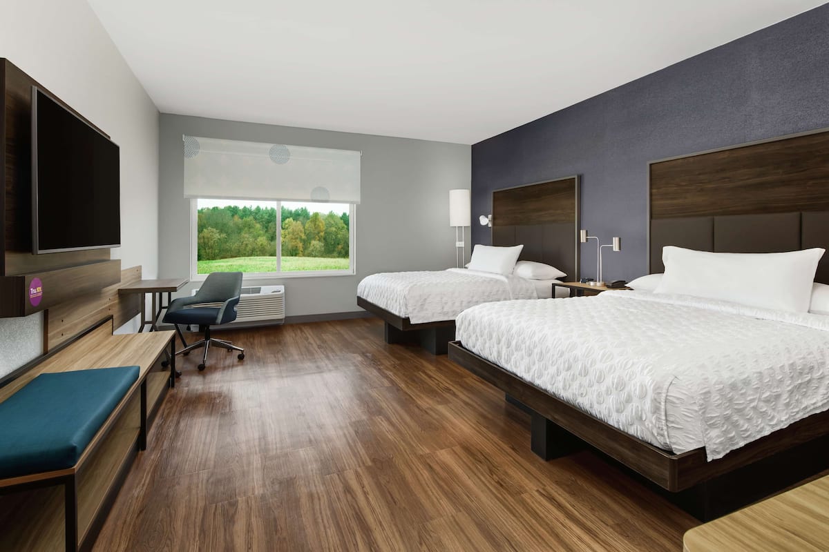 Une chambre d’hôtel avec deux lits, un bureau, une chaise, une télévision et une fenêtre donnant sur un paysage verdoyant.