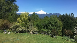 A garden with a variety of trees and shrubs, a lawn, and a view of a snow-capped mountain in the background. - Cabañas en Pucon con vista cordillera (Pucón)