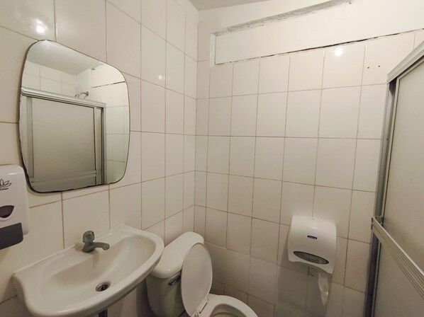A bathroom with a sink, toilet, mirror, and hand dryer. - Hotel Las Catalinas Antón (Anton)