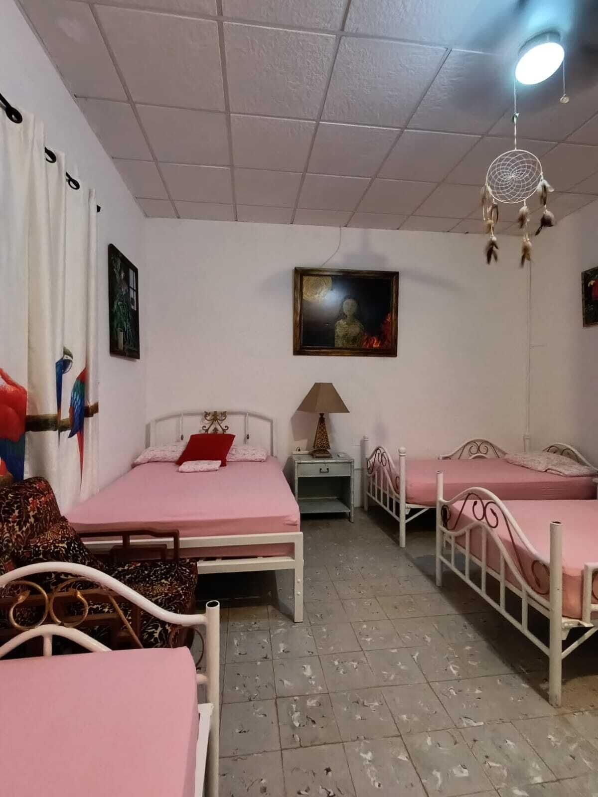 A bedroom with two beds, a nightstand, a wall-mounted dreamcatcher, and a painting.