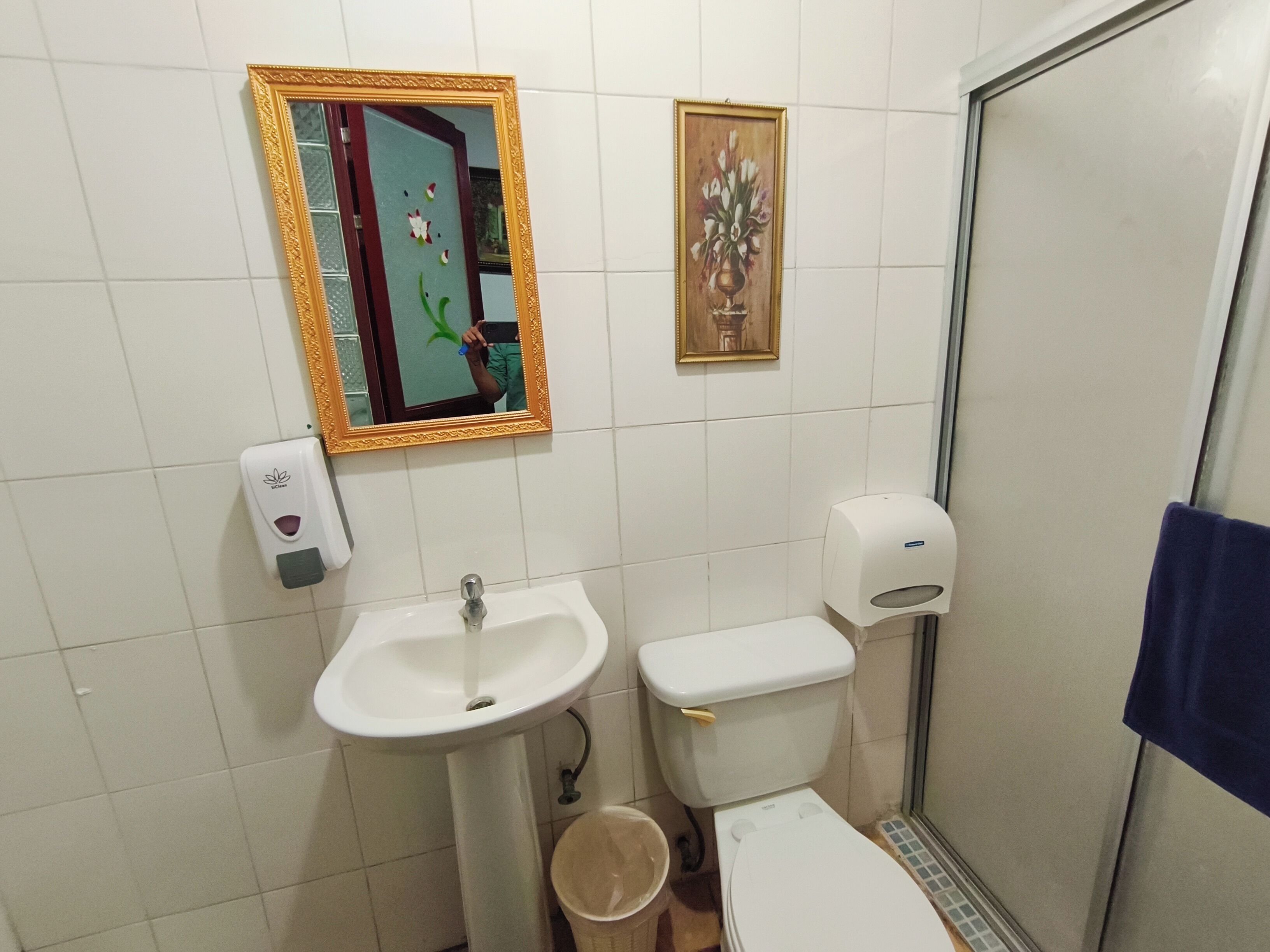 A bathroom with a pedestal sink, toilet, and a shower stall.