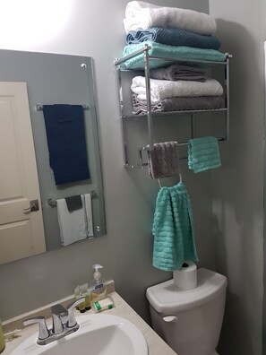 Shower, free toiletries, hair dryer, towels