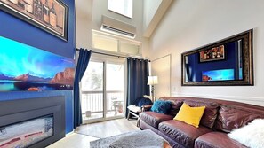 Smart TV, fireplace, DVD player, books