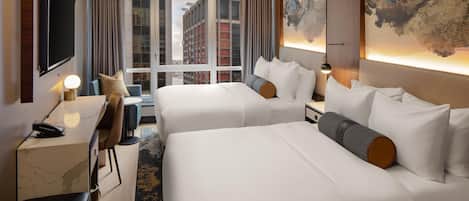 Roupas de cama premium, cofres nos quartos, escrivaninha