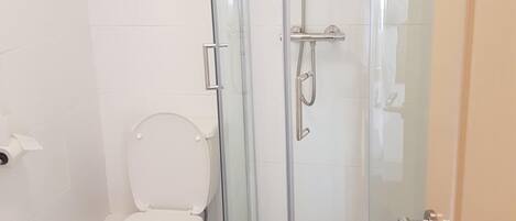 A modern bathroom with a glass-enclosed shower, a toilet, and a bathtub.