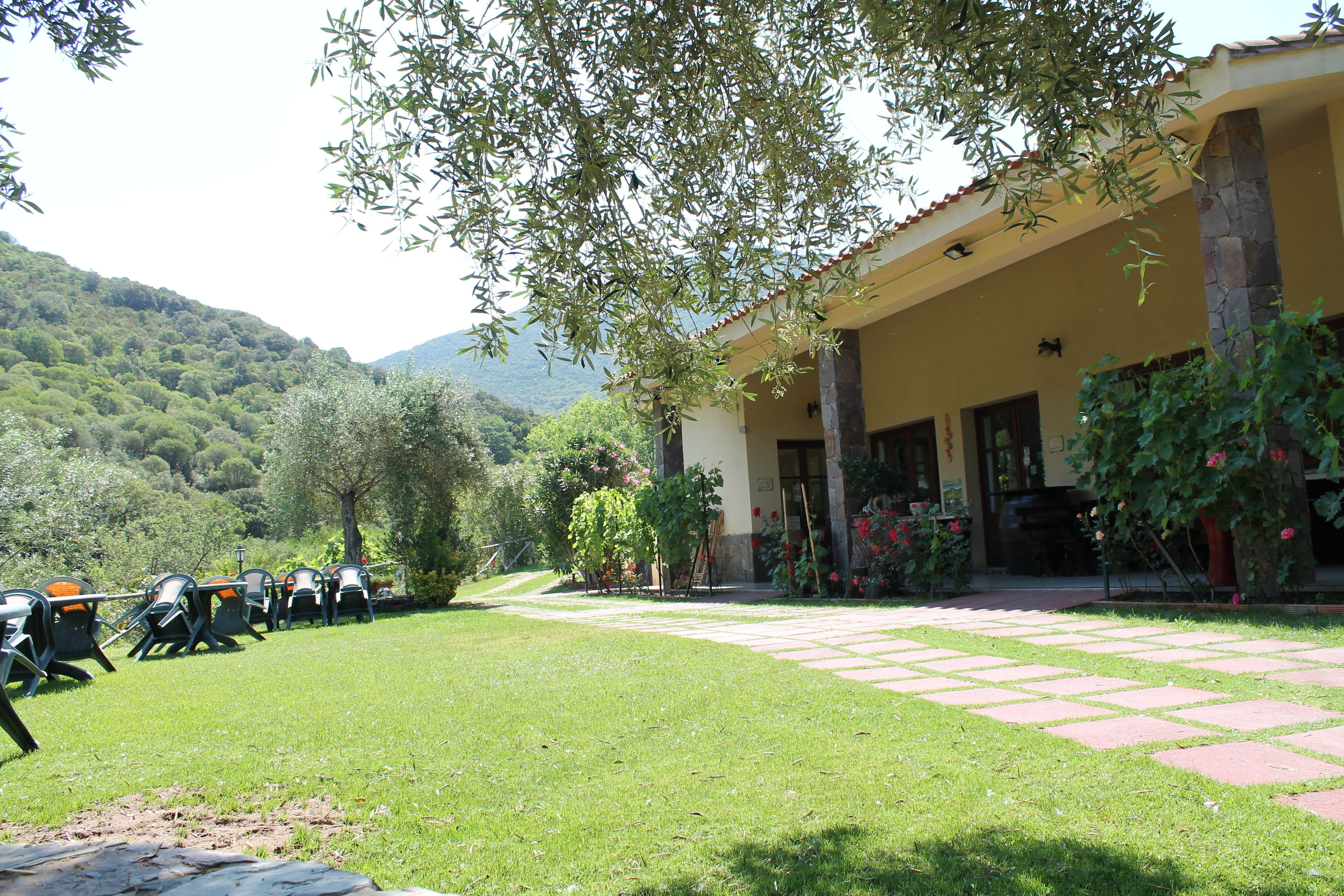 A building with a covered patio area, a paved walkway, and a row of chairs.