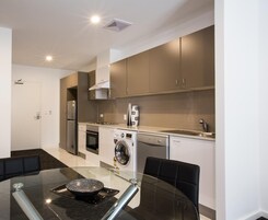 Full-size fridge, microwave, oven, stovetop