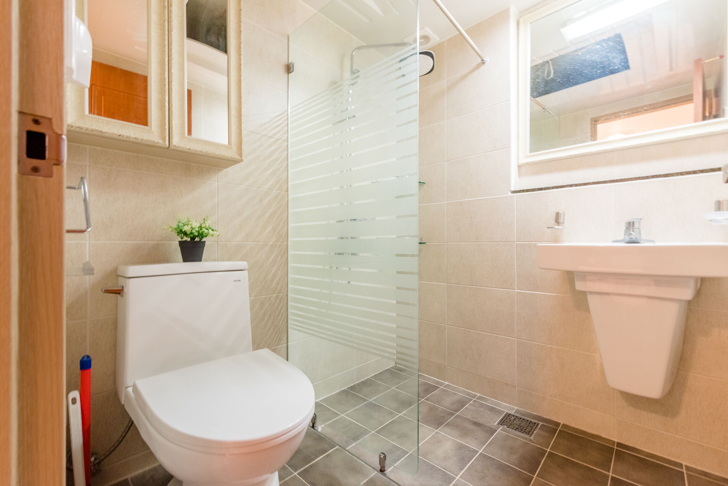 A bathroom with a toilet, a glass shower enclosure, a sink, and a mirror.