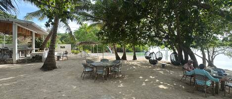 An outdoor seating area with tables and chairs, surrounded by trees and a view of the water.