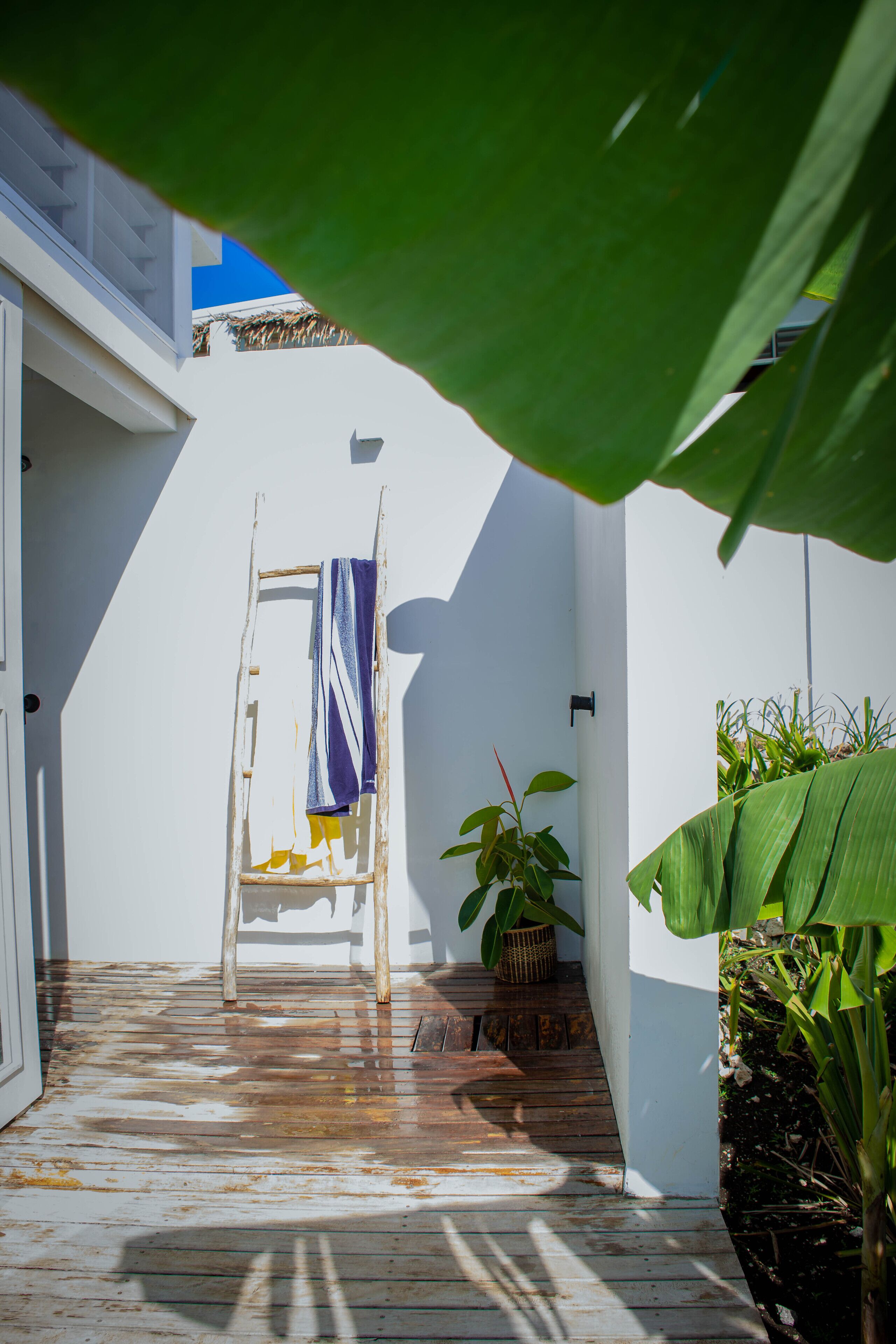 A wooden deck with a ladder and a towel hanging on it, surrounded by white walls and plants.