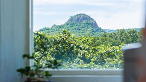 A view from a window with a potted plant in the foreground, a mountain in the background, and a clear sky. - Mong Shan Homestay (Hengchun)