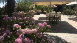 An outdoor patio area with a table and chairs under a canopy, surrounded by lush greenery and flowering plants. - Jubilee Hotel (Troodos)