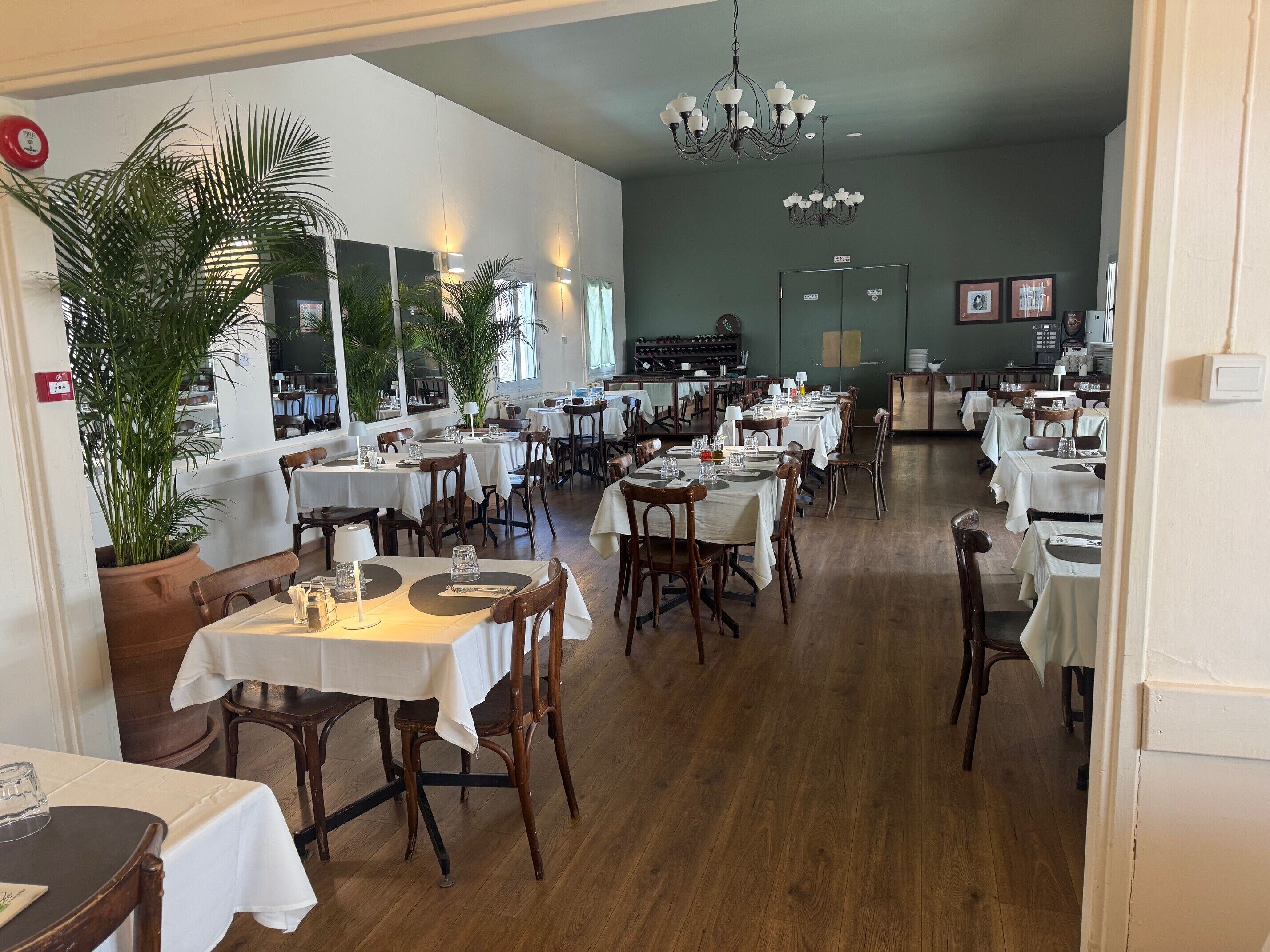 A restaurant with multiple tables and chairs, large potted plants, and a chandelier.
