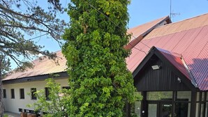 A stone pathway leading to a building with a red roof and a wooden structure with glass doors. - Jubilee Hotel (Troodos)