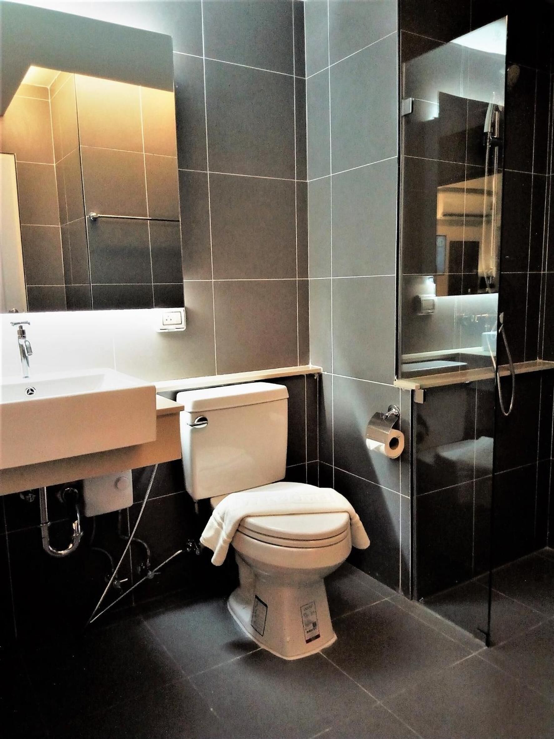 Un baño moderno con inodoro, lavabo y ducha.