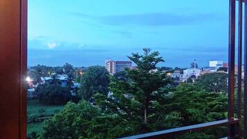 A view from a balcony overlooking a cityscape with buildings, trees, and a clear sky.