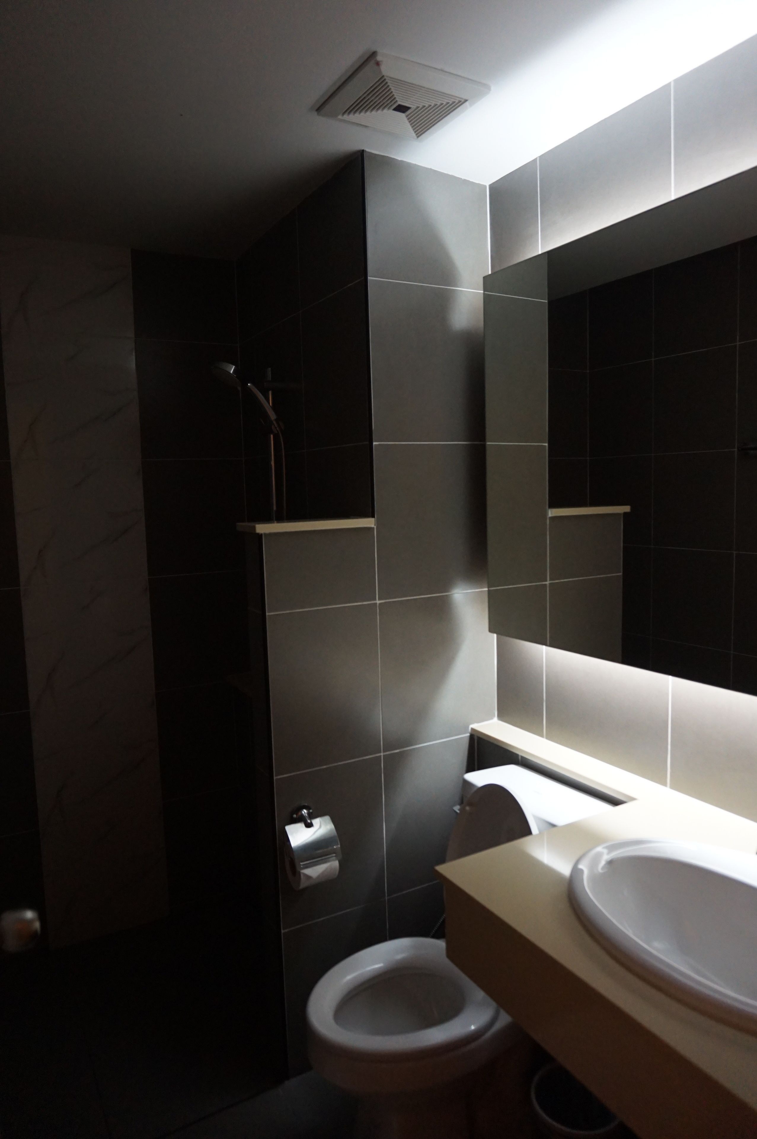 Een moderne badkamer met toilet, wastafel en douche.