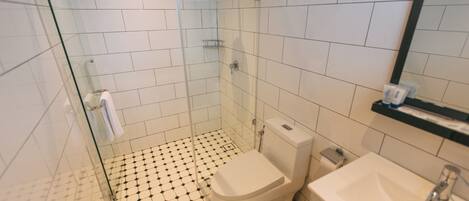Un baño con ducha de vidrio, inodoro y lavamanos.