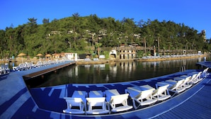Un complexe hôtelier situé au bord de l’eau, doté d’un quai, de chaises longues et offrant une vue sur une colline boisée.