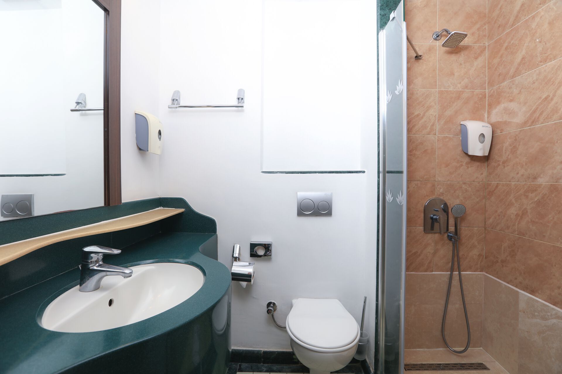 Un baño con lavabo, inodoro y ducha.