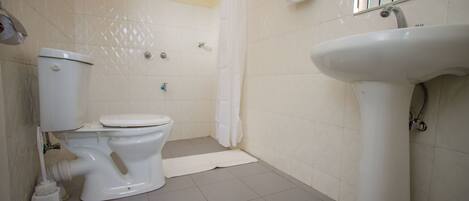 A bathroom with a toilet, sink, and shower curtain.
