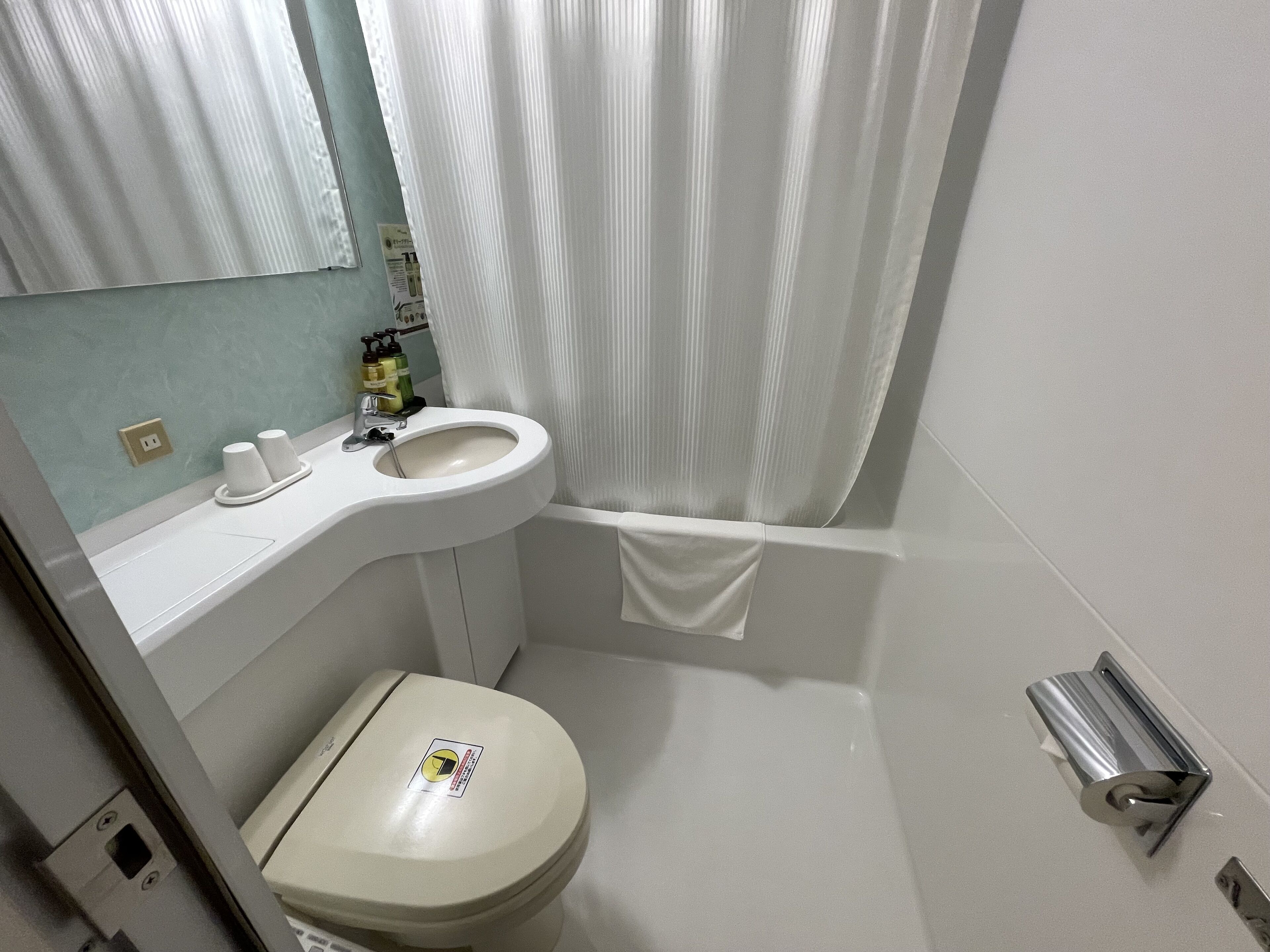 A bathroom with a toilet, sink, and shower curtain.