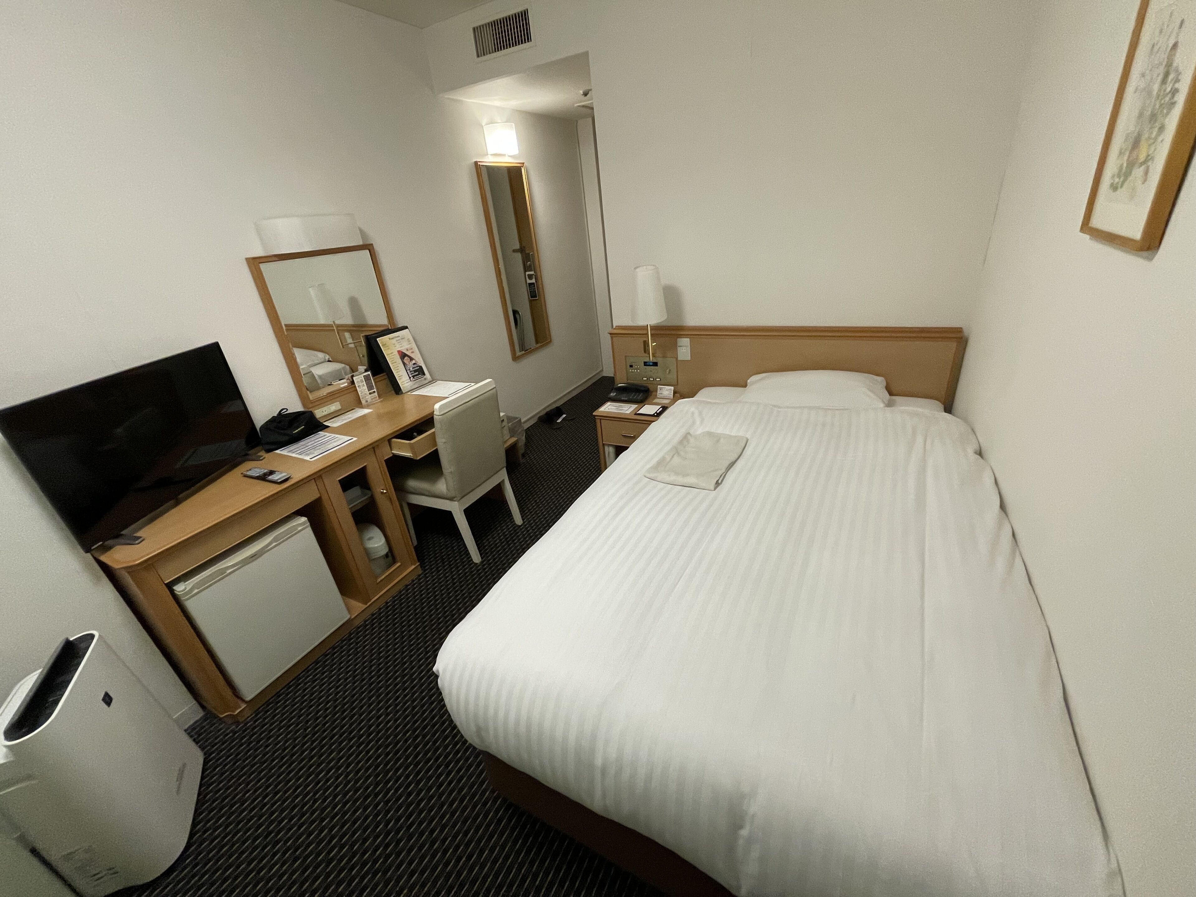 Una habitación de hotel con cama, escritorio, silla, televisión, espejo y mesita de noche.