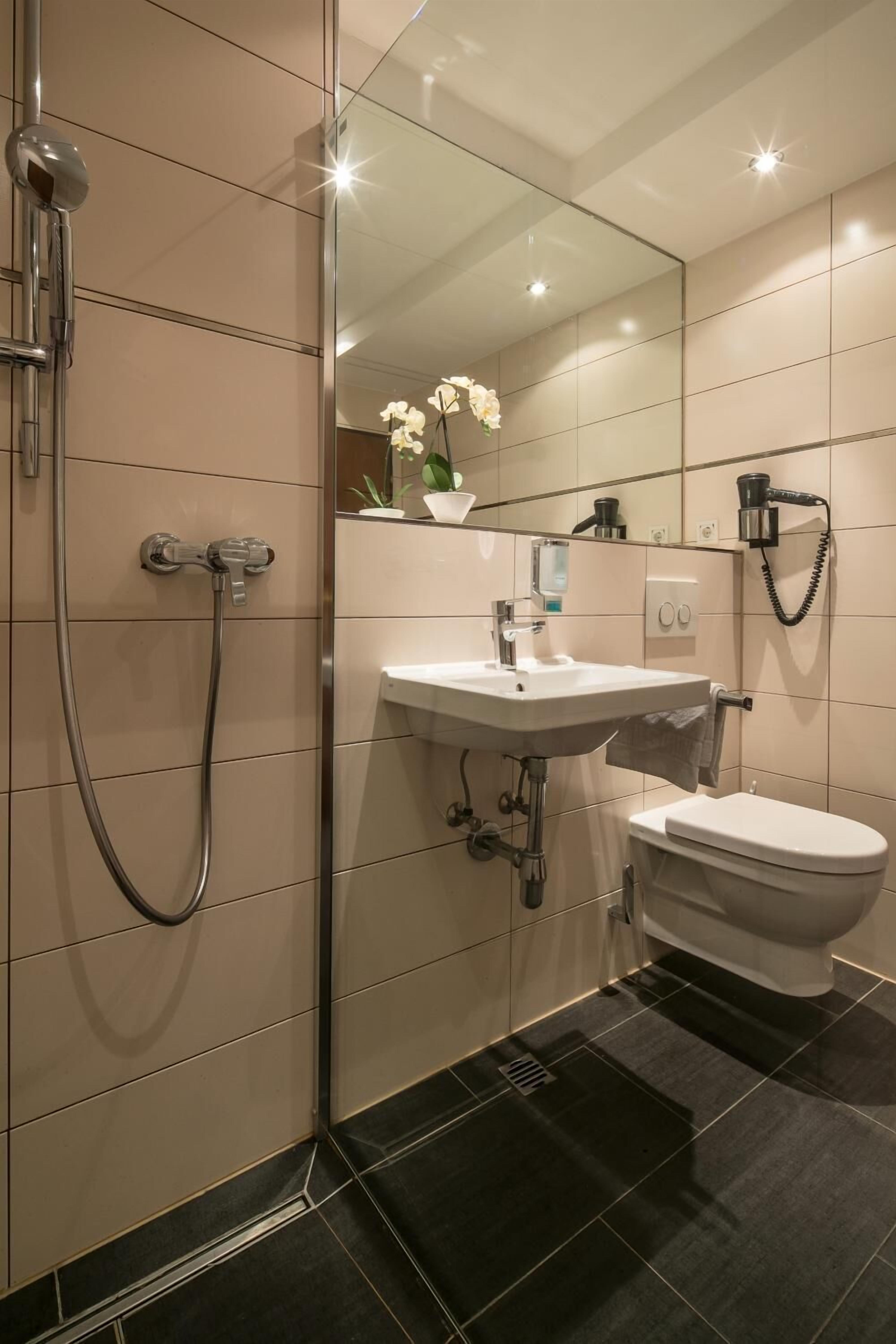 shower, rainfall showerhead, free toiletries, hair dryer