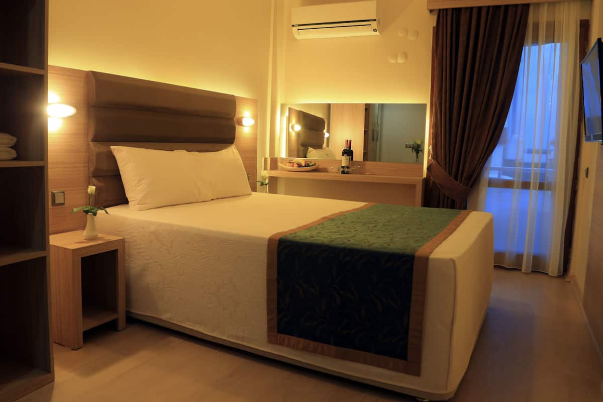 A hotel room with a large bed, bedside tables, a mirror, and an air conditioning unit.