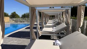 Outdoor pool, a heated pool, sun loungers