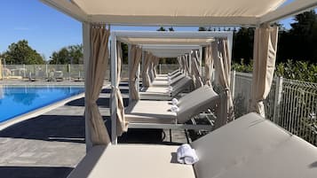 Outdoor pool, a heated pool, pool loungers