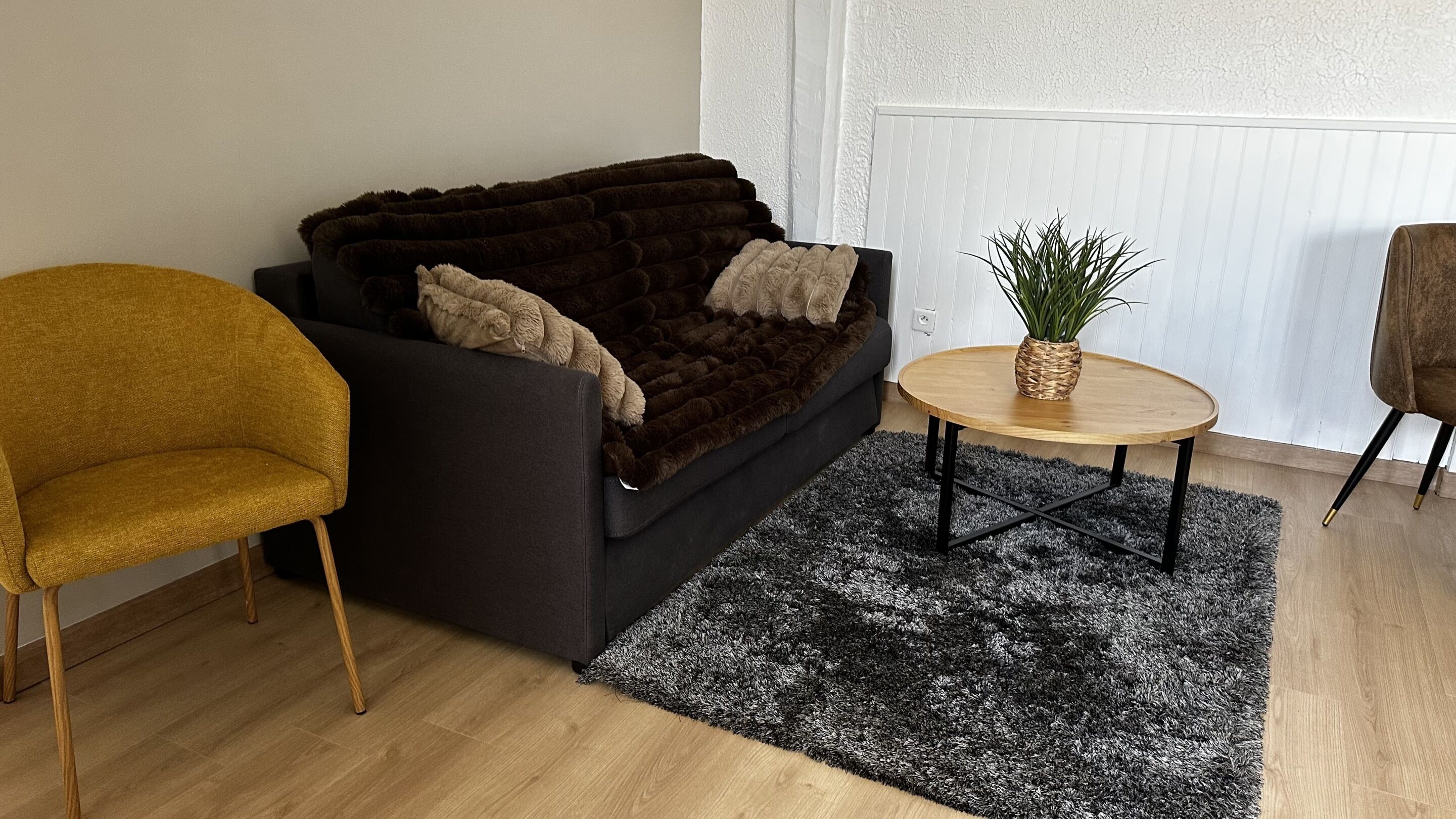 Een woonkamer met een donkere bank, een mosterdgele fauteuil, een klein rond houten tafeltje met een plant erop, en een zwart-wit tapijt.
