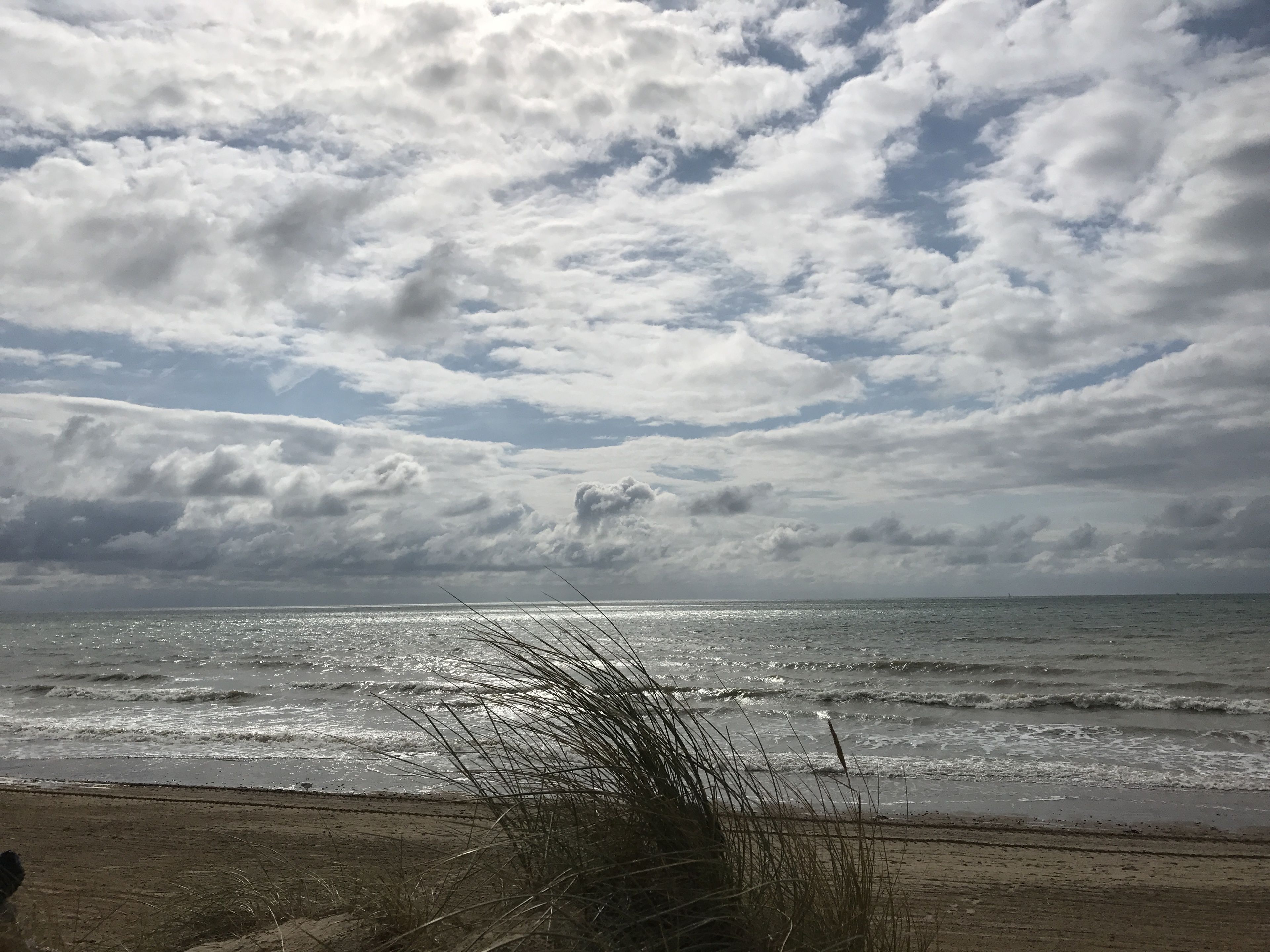 A beach with waves and a cloudy sky.