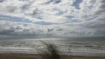 A beach with waves and a cloudy sky.