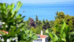 A coastal view with a clear blue sea, dense green trees, and a building with a red roof.