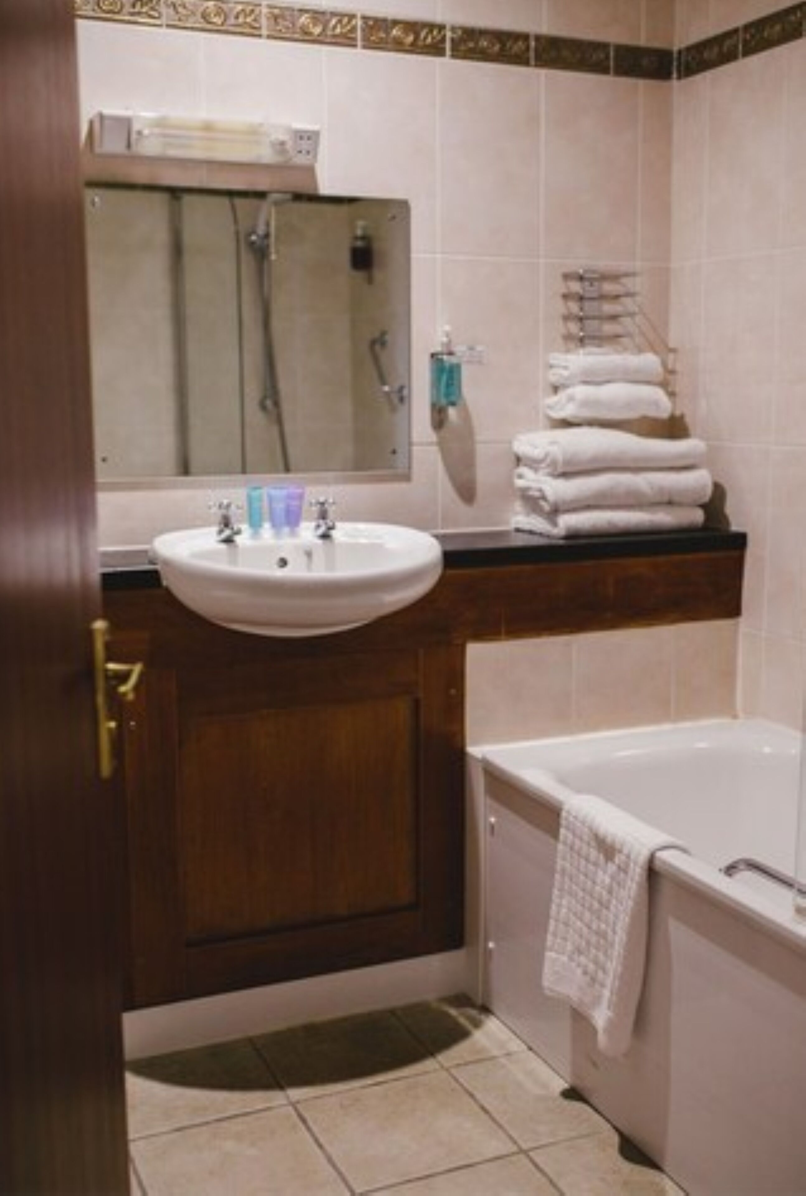 combined shower/bathtub, free toiletries, hair dryer, towels