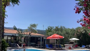 Zona de piscina amb gandules i ombrelles, envoltada per una tanca i arbres.