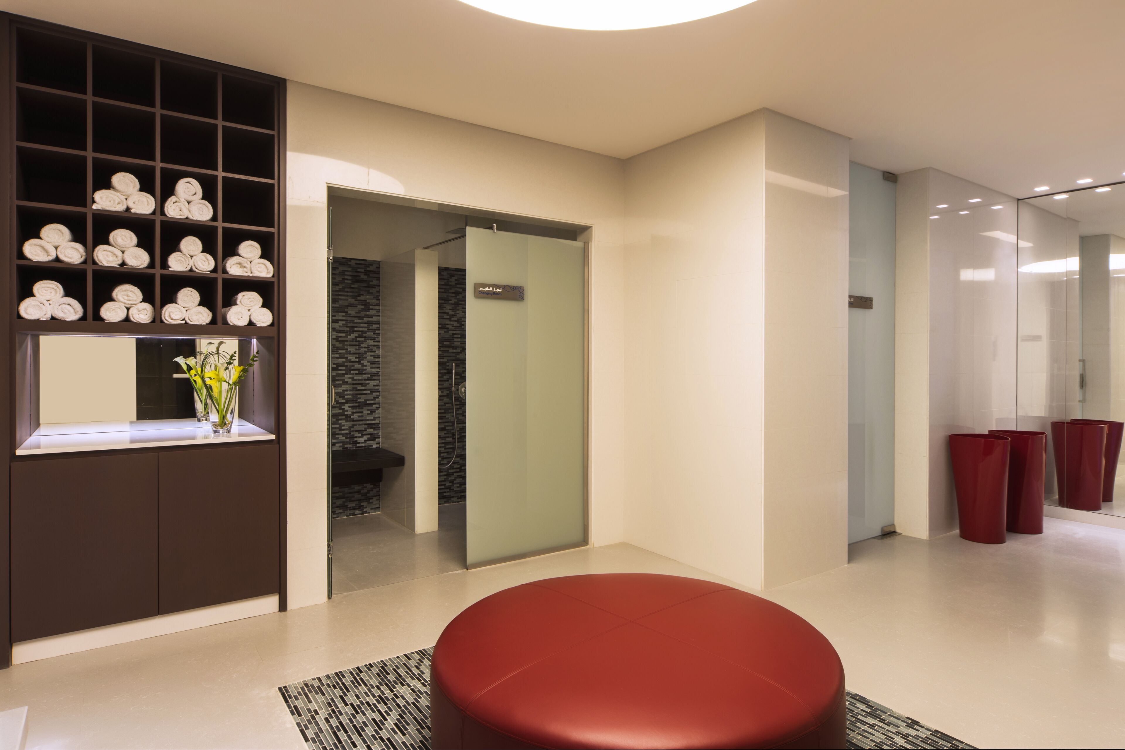 Un hall d’entrée moderne avec un coin salon rouge, un porte-serviettes fixé au mur et une porte en verre donnant accès à une salle de bain.