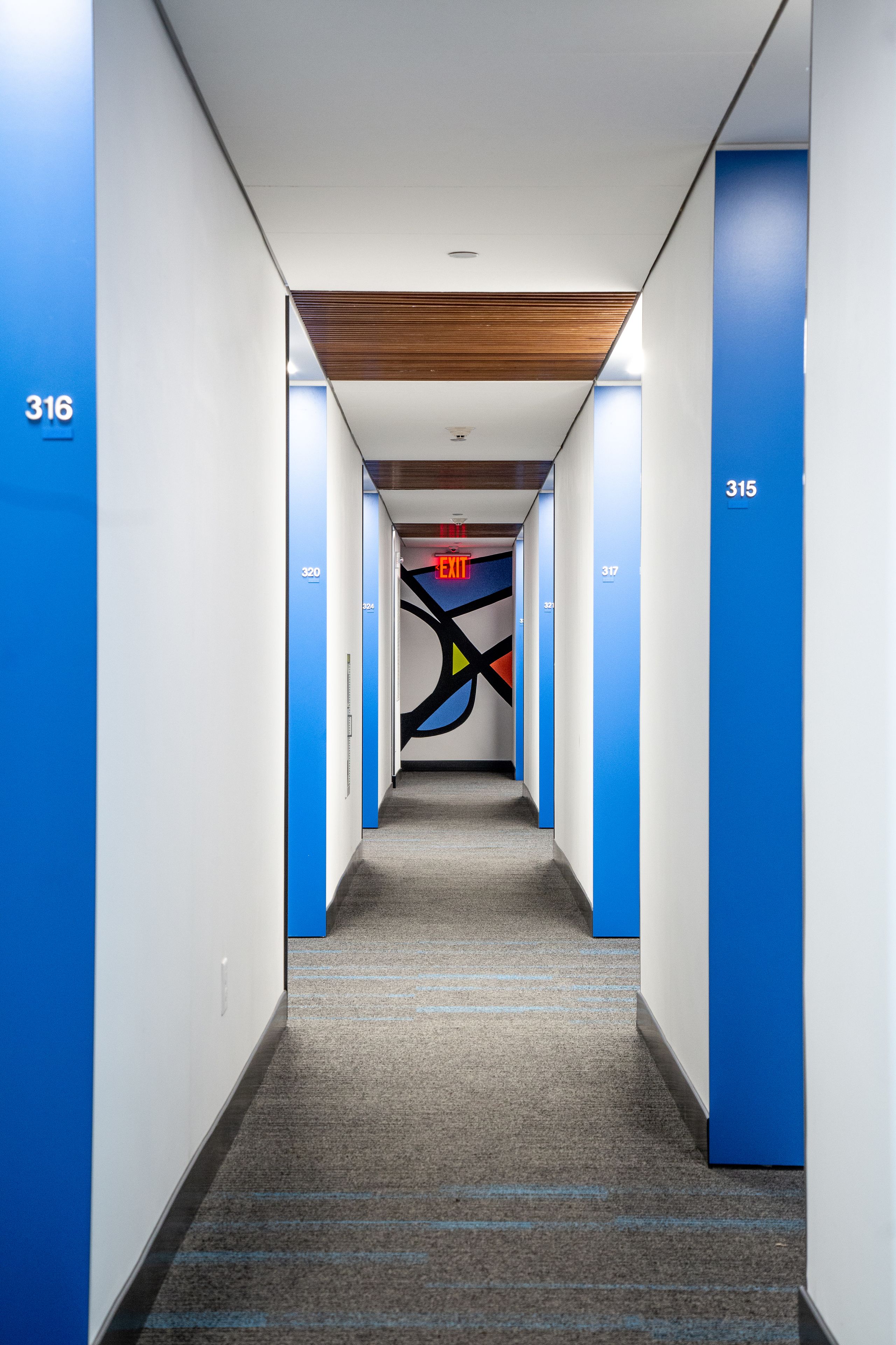 A modern hallway with blue and white walls, numbered doors, and a carpeted floor.