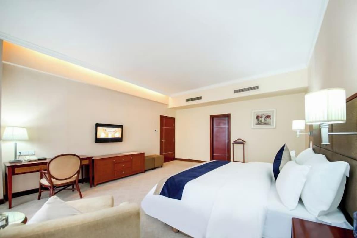 Habitación de hotel con cama, escritorio, silla, armario y mesita de noche.
