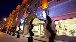 A hotel facade with a large entrance, multiple windows, and potted plants along the sidewalk. - Madame Tadia Hotel (Eskisehir)
