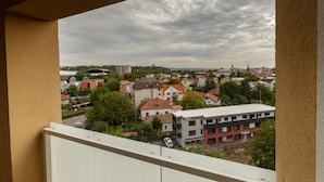 A balcony with a view of a residential area, including houses and a distant church spire. - Cluj Lux Apartments Platinia (Cluj-Napoca)