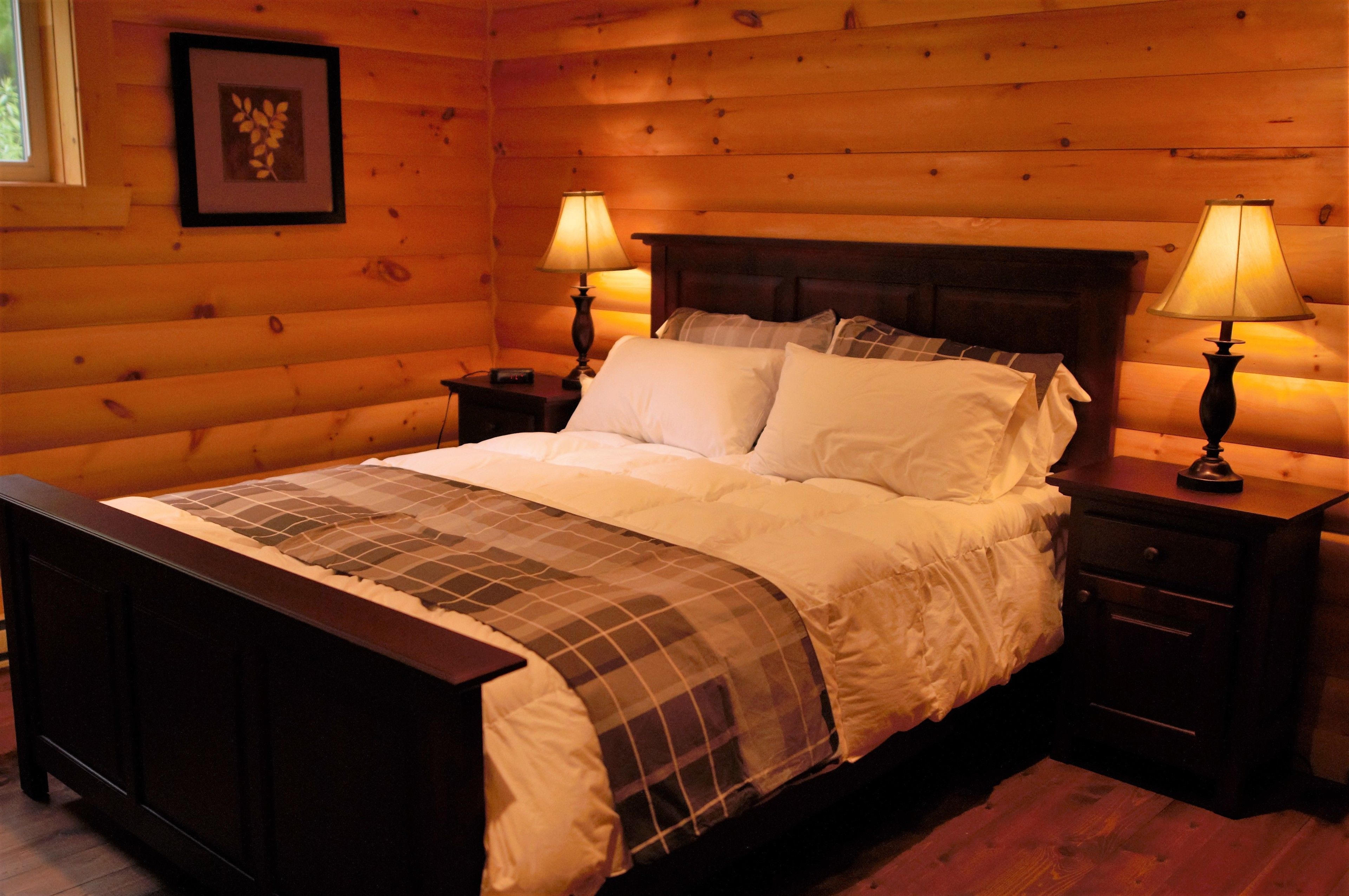 A wooden cabin bedroom with a bed, two bedside lamps, a nightstand, and a framed picture on the wall.