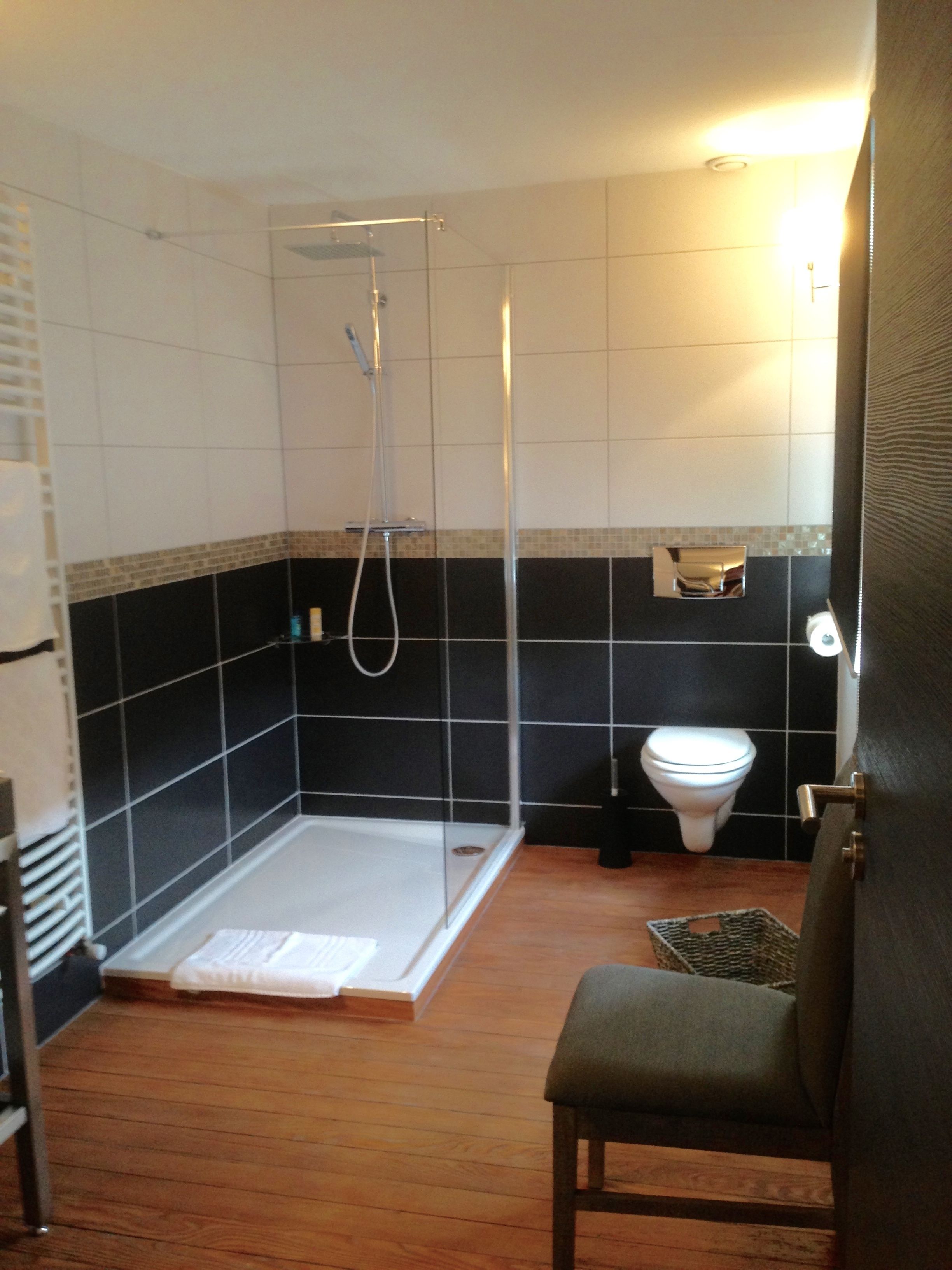 Ein Badezimmer mit einer Glaskabine zur Dusche, einer Toilette und einer Sitzbank.